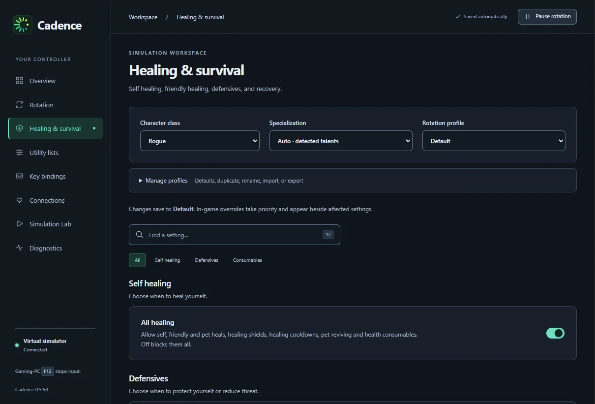 Healing and survival page with self healing, defensive and consumable settings