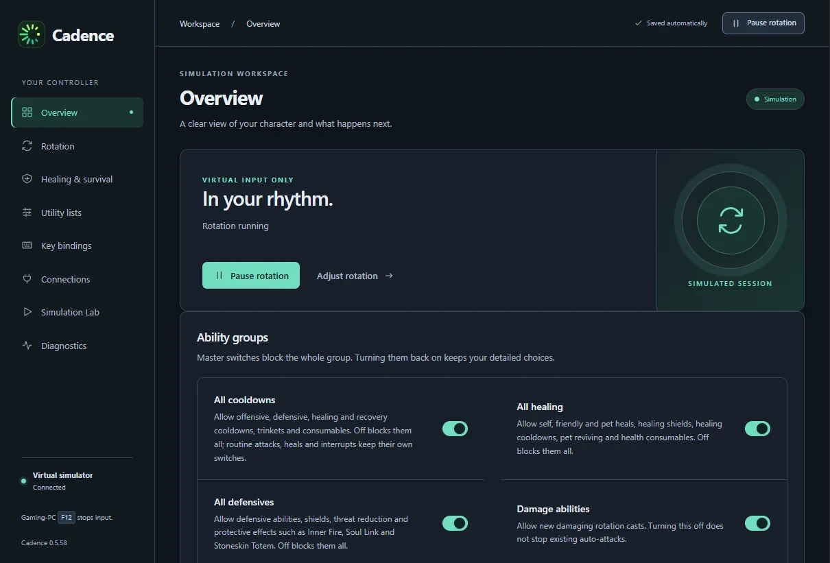 Cadence desktop controller Overview page with the rotation running