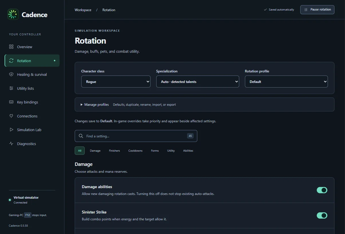 Rotation page with class, specialization and profile selectors and searchable damage settings