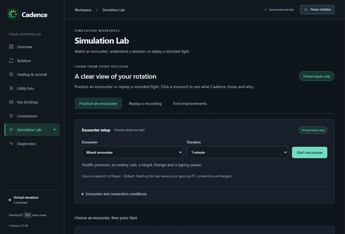 Simulation Lab page with encounter setup