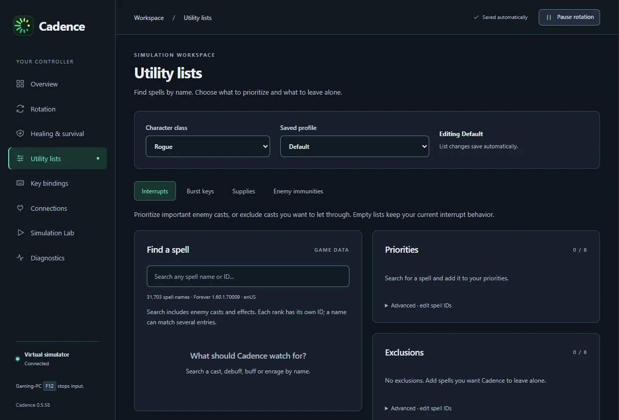 Utility lists page with spell search and interrupt priorities and exclusions